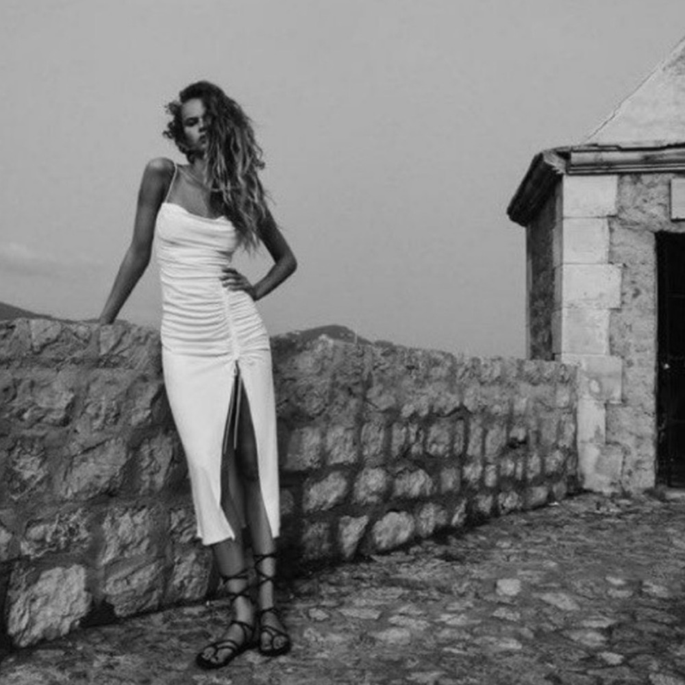🆕 ZARA Ruched Draped High Slit Goddess Bodycon Tank Midi Dress in White SZ M